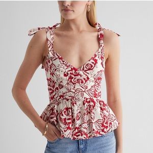 NWT Red and White Floral V-Neck Peplum Tank Blouse
